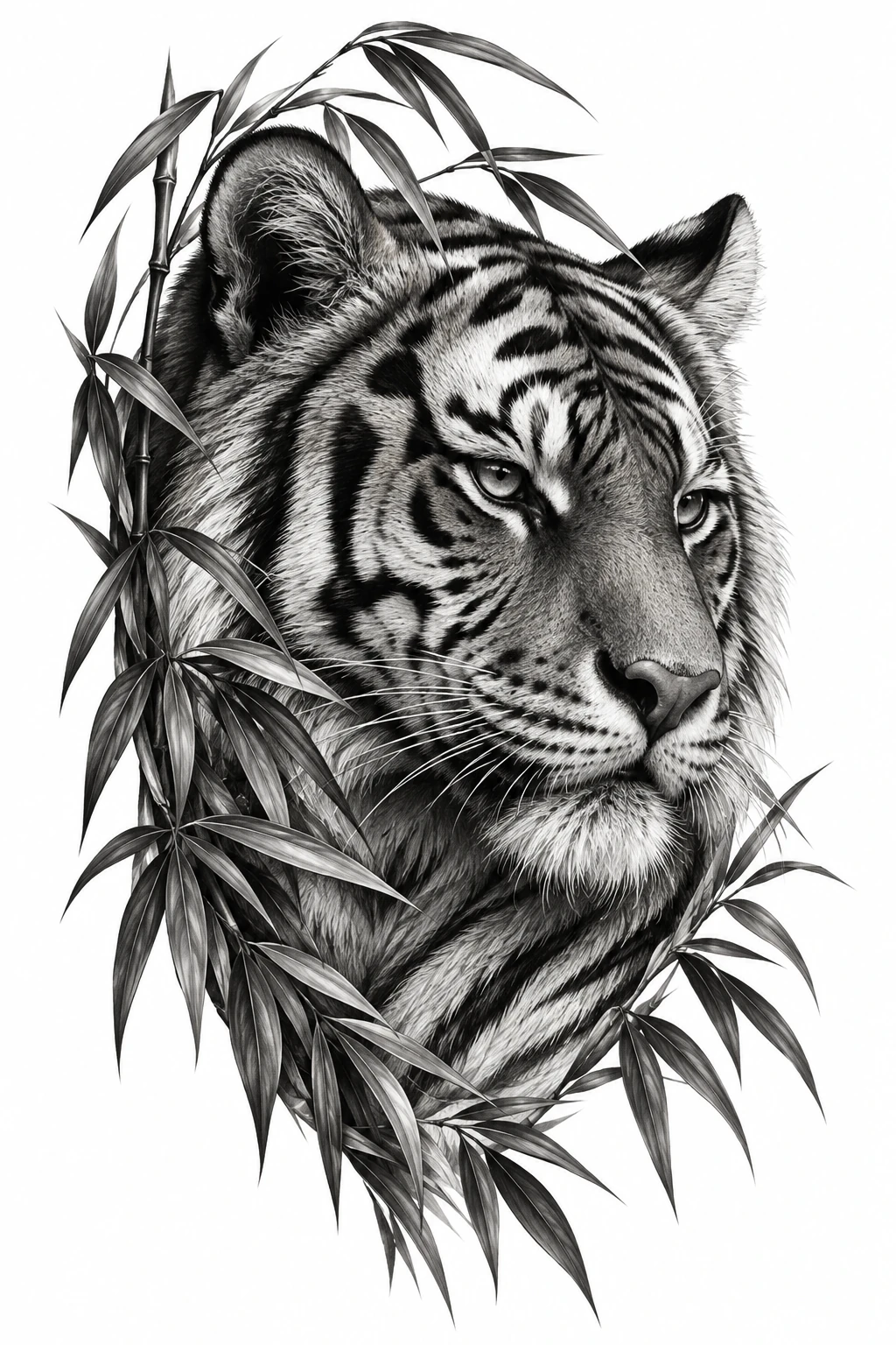 Desenho de tatuagem de Tigre realista entre folhas de bambu, modelo NR-0957, em preto e cinza.