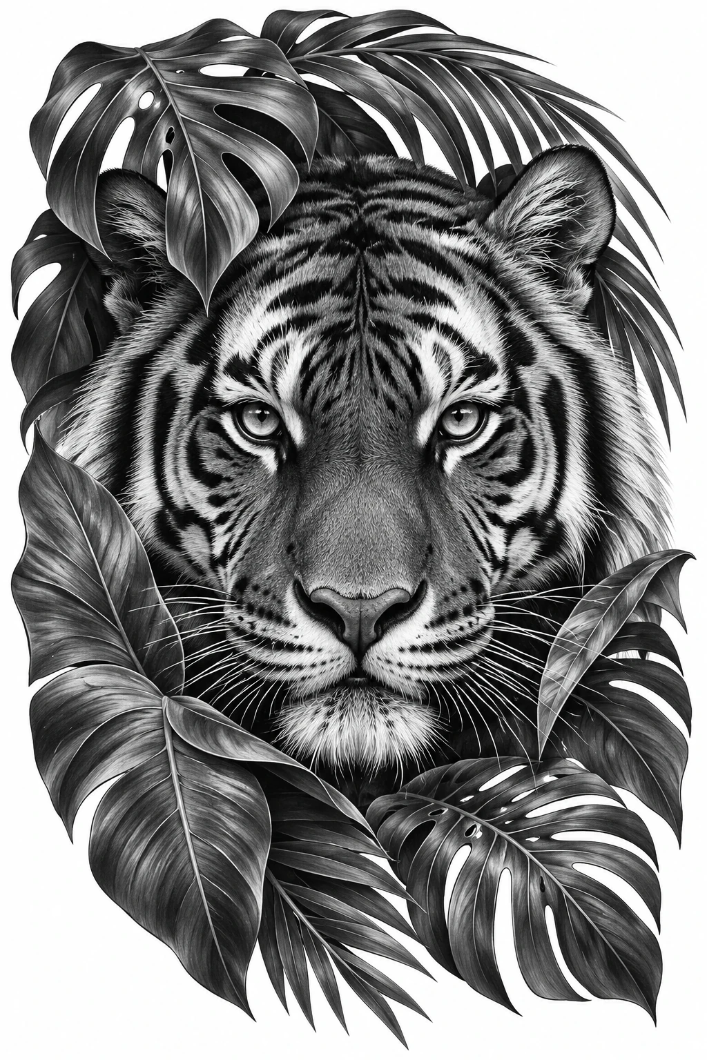 Desenho de tatuagem de Tigre realista entre folhas tropicais, modelo NR-0958, em preto e cinza.
