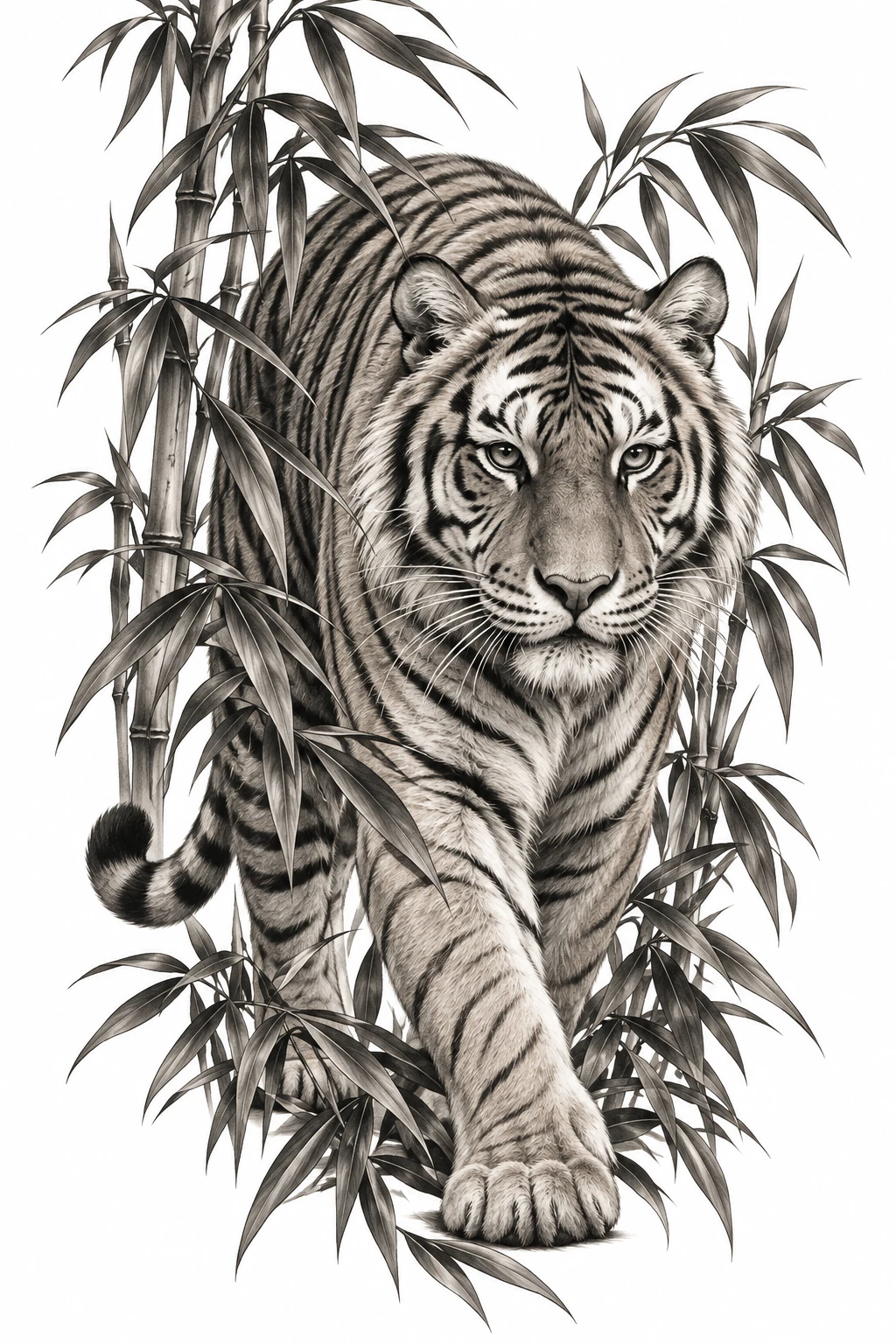 Desenho de tatuagem de Tigre sereno entre folhas de bambu, modelo NR-0959, em preto e cinza.