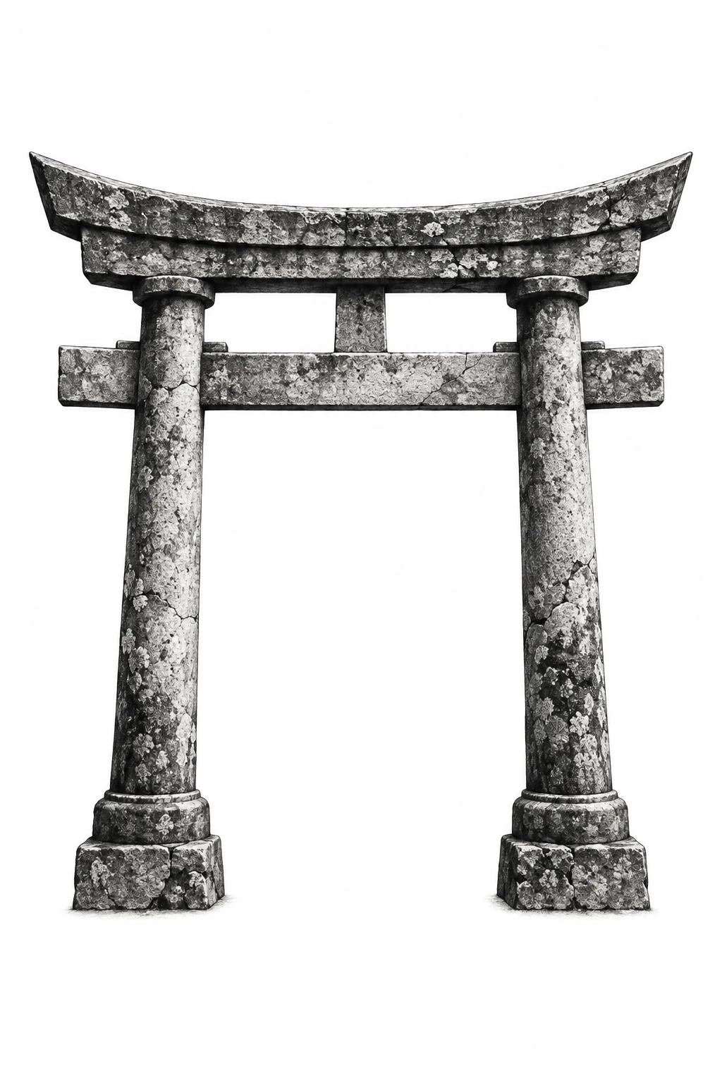 Desenho de tatuagem de Torii de pedra envelhecido, modelo NR-0960, em preto e cinza.