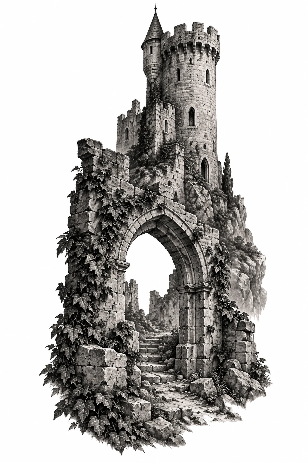 Desenho de tatuagem de Torre medieval sobre arco coberto de hera, modelo NR-0961, em preto e cinza.