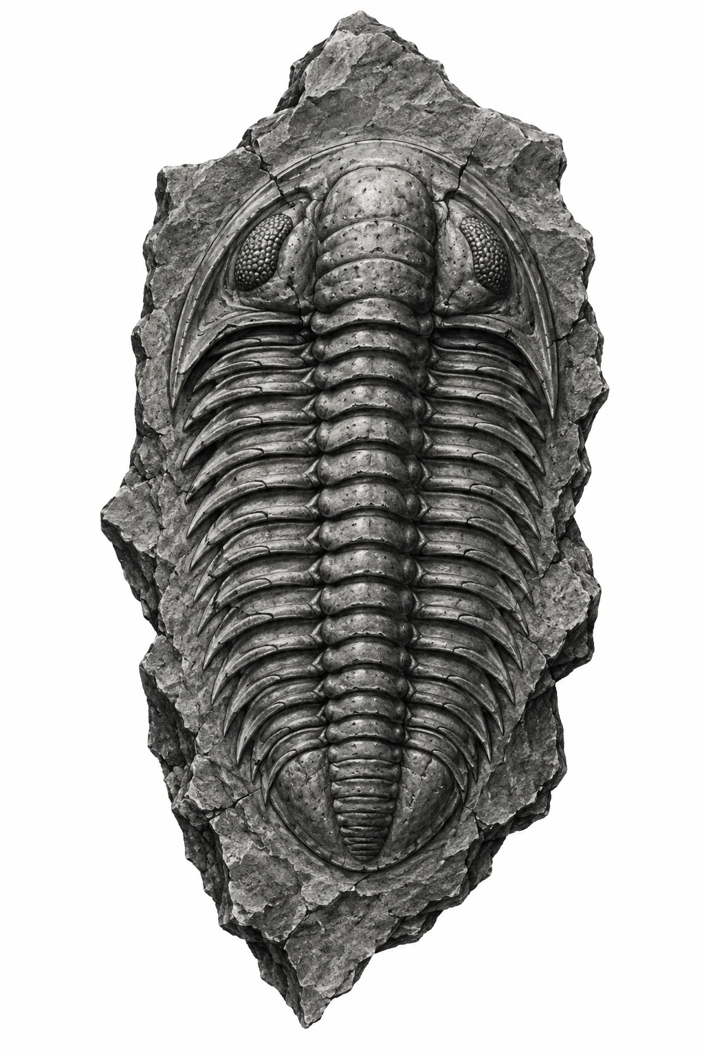Desenho de tatuagem de Trilobita fóssil em ardósia quebrada, modelo NR-0962, em preto e cinza.
