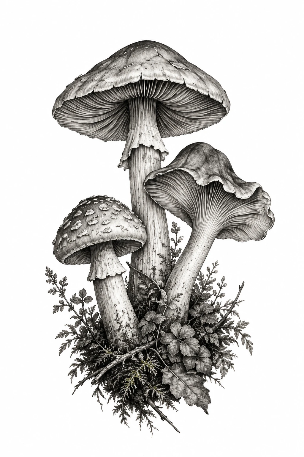 Desenho de tatuagem de Trio de cogumelos silvestres realistas, modelo NR-0963, em preto e cinza.