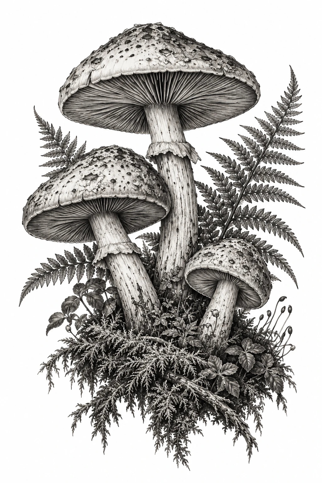 Desenho de tatuagem de Trio de cogumelos, musgo e samambaias, modelo NR-0964, em preto e cinza.