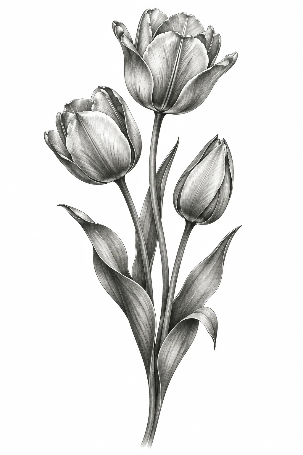 Desenho de tatuagem de Três tulipas em diferentes estágios, modelo NR-0965, em preto e cinza.