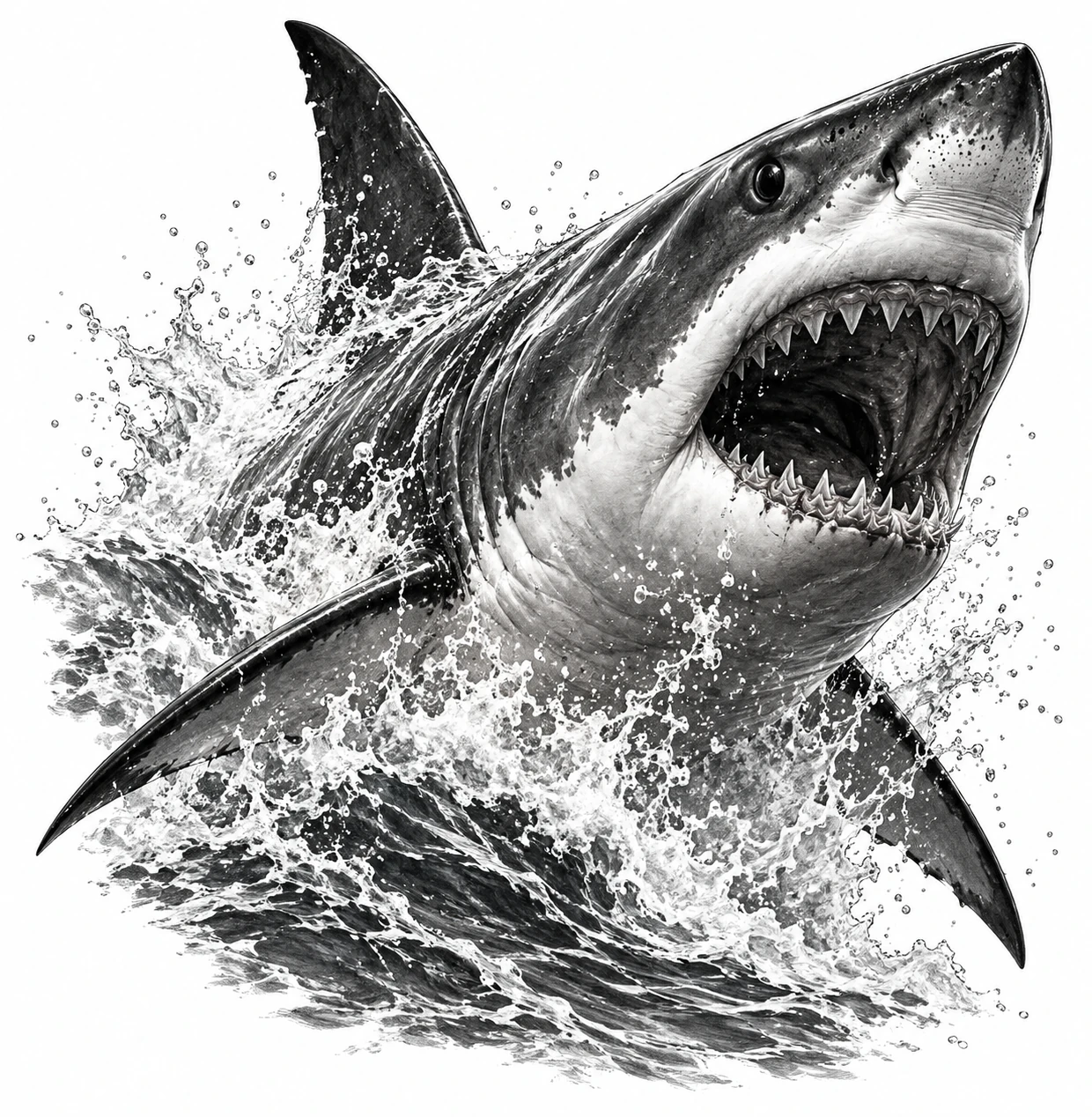 Desenho de tatuagem de Tubarão-branco saltando entre ondas, modelo NR-0966, em preto e cinza.
