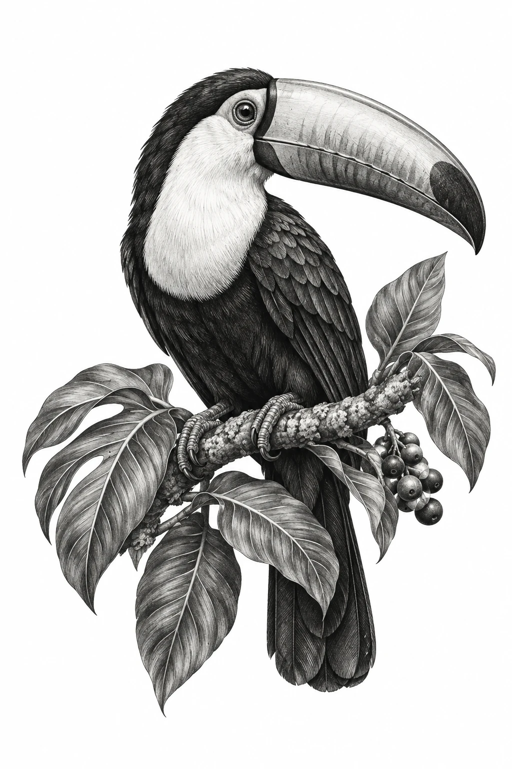 Desenho de tatuagem de Tucano tropical entre folhas e frutos, modelo NR-0967, em preto e cinza.
