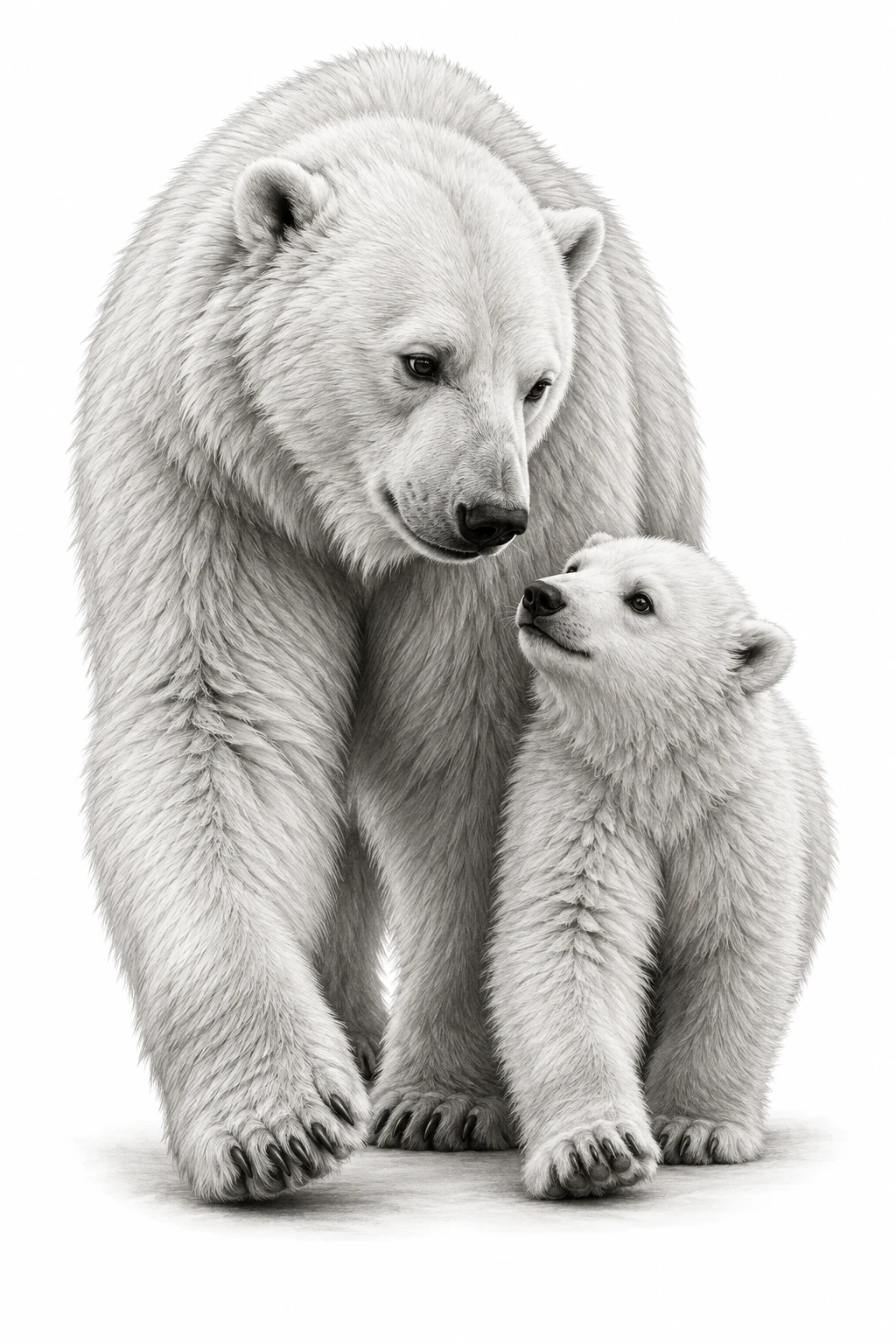 Desenho de tatuagem de Ursa-polar acompanhando o filhote, modelo NR-0968, em preto e cinza.