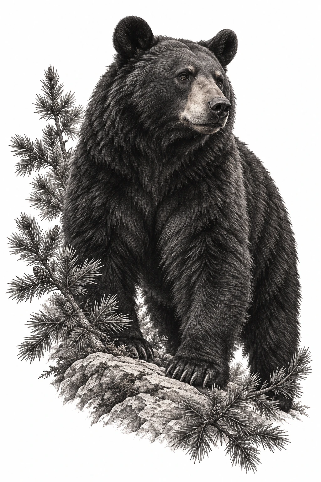 Desenho de tatuagem de Urso negro entre pinheiros(1), modelo NR-0969, em preto e cinza.