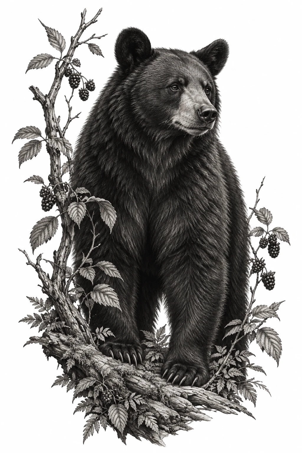 Desenho de tatuagem de Urso negro entre ramos da floresta, modelo NR-0970, em preto e cinza.