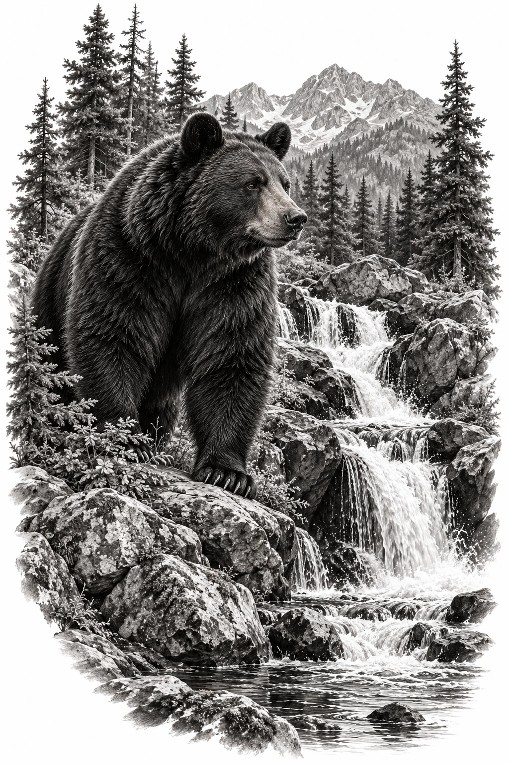 Desenho de tatuagem de Urso negro junto à cachoeira, modelo NR-0971, em preto e cinza.