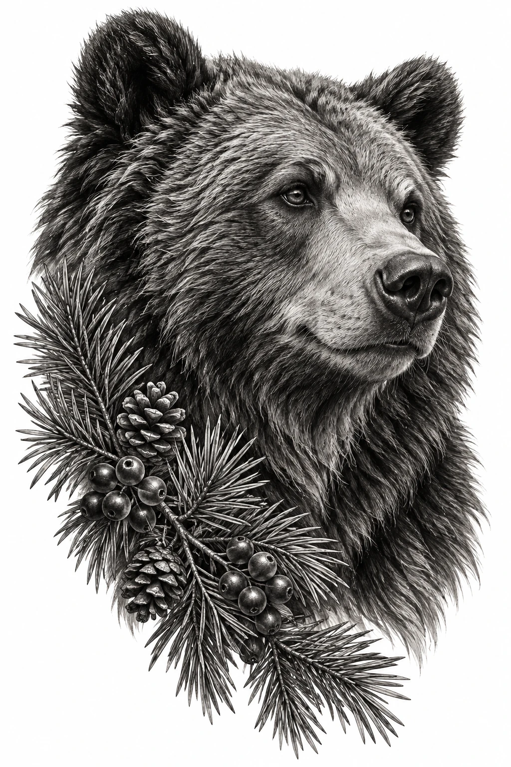 Desenho de tatuagem de Urso sereno entre pinheiros e bagas, modelo NR-0972, em preto e cinza.
