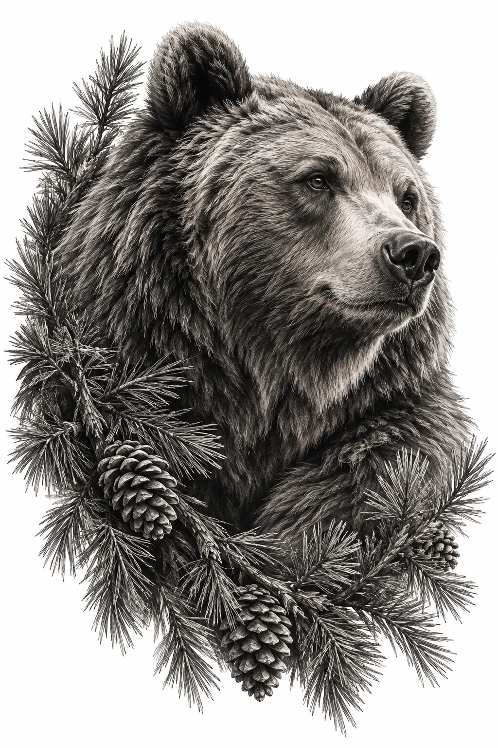 Desenho de tatuagem de Urso-pardo entre pinheiros e pinhas, modelo NR-0973, em preto e cinza.