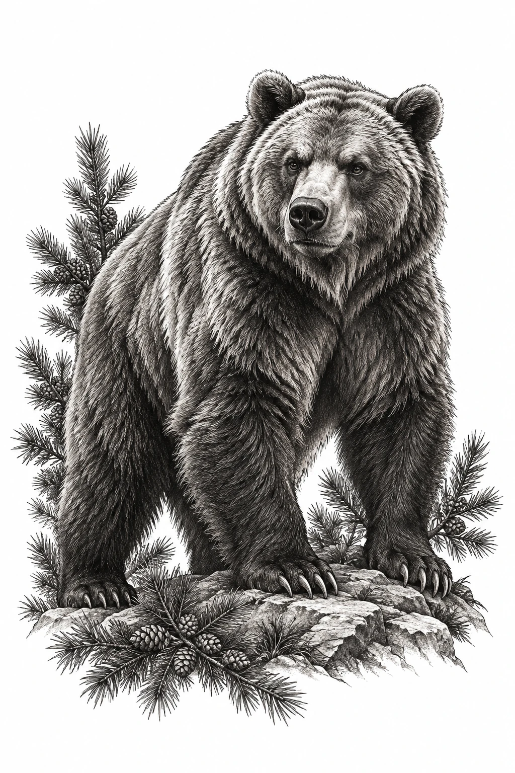 Desenho de tatuagem de Urso-pardo imponente entre ramos de pinheiro, modelo NR-0974, em preto e cinza.