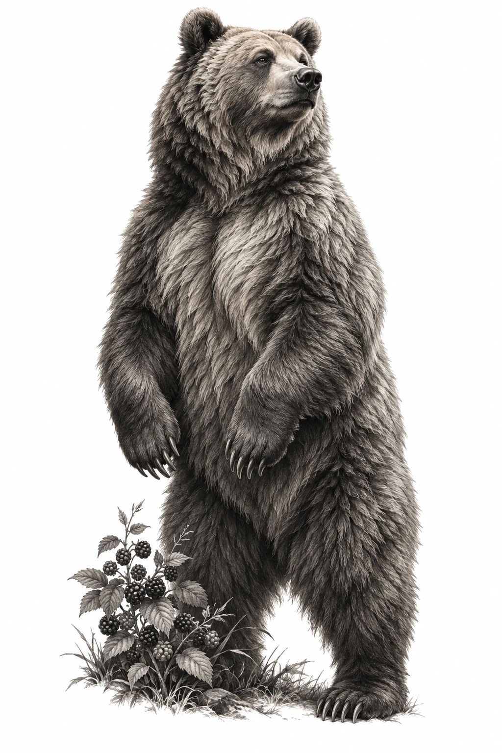 Desenho de tatuagem de Urso-pardo sereno com frutos silvestres, modelo NR-0975, em preto e cinza.
