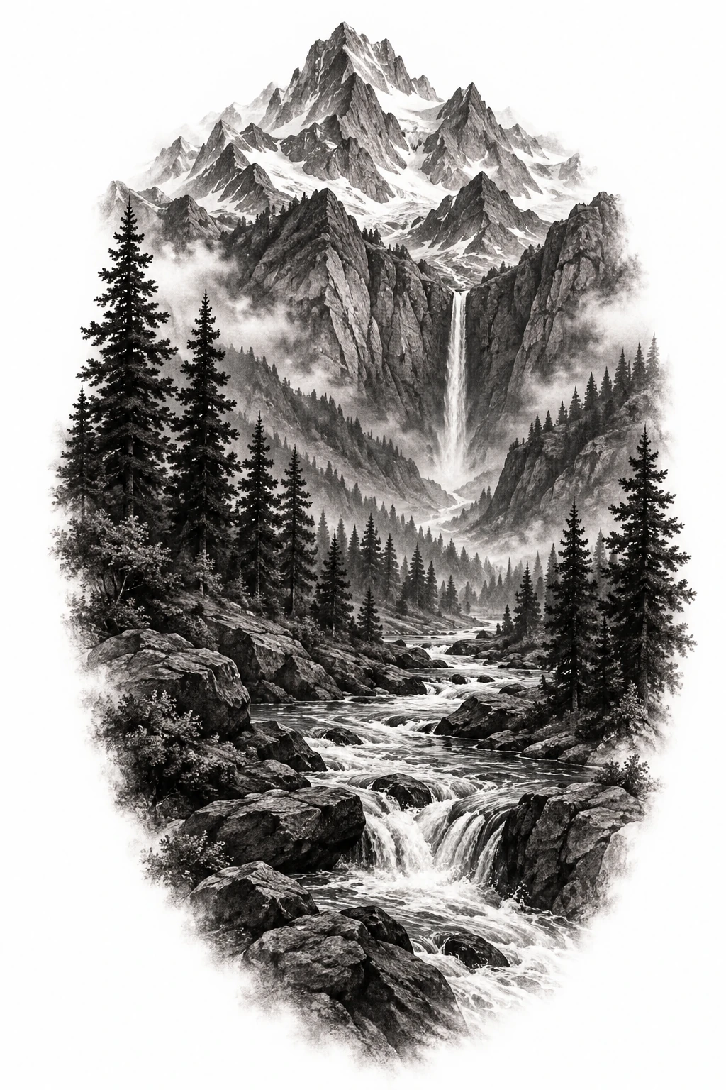 Desenho de tatuagem de Vale montanhoso com cascata e rio, modelo NR-0976, em preto e cinza.