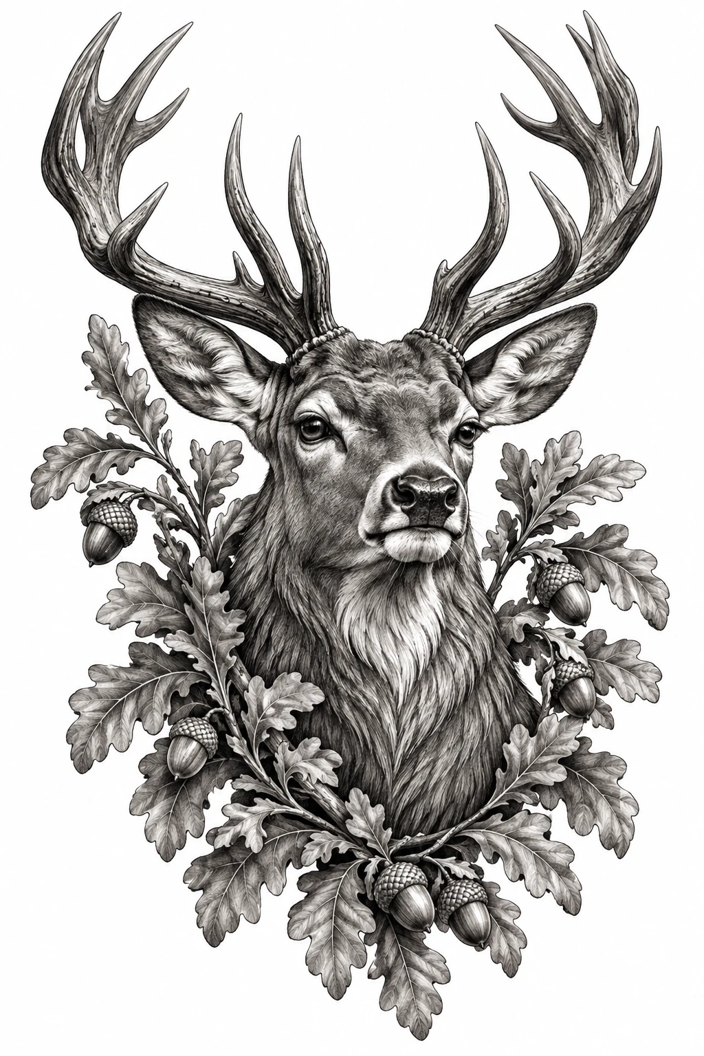 Desenho de tatuagem de Veado majestoso entre folhas e bolotas, modelo NR-0977, em preto e cinza.