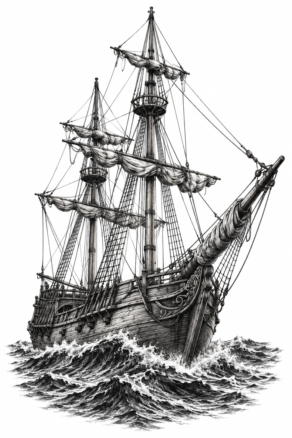 Desenho de tatuagem de Veleiro antigo navegando em ondas, modelo NR-0978, em preto e cinza.