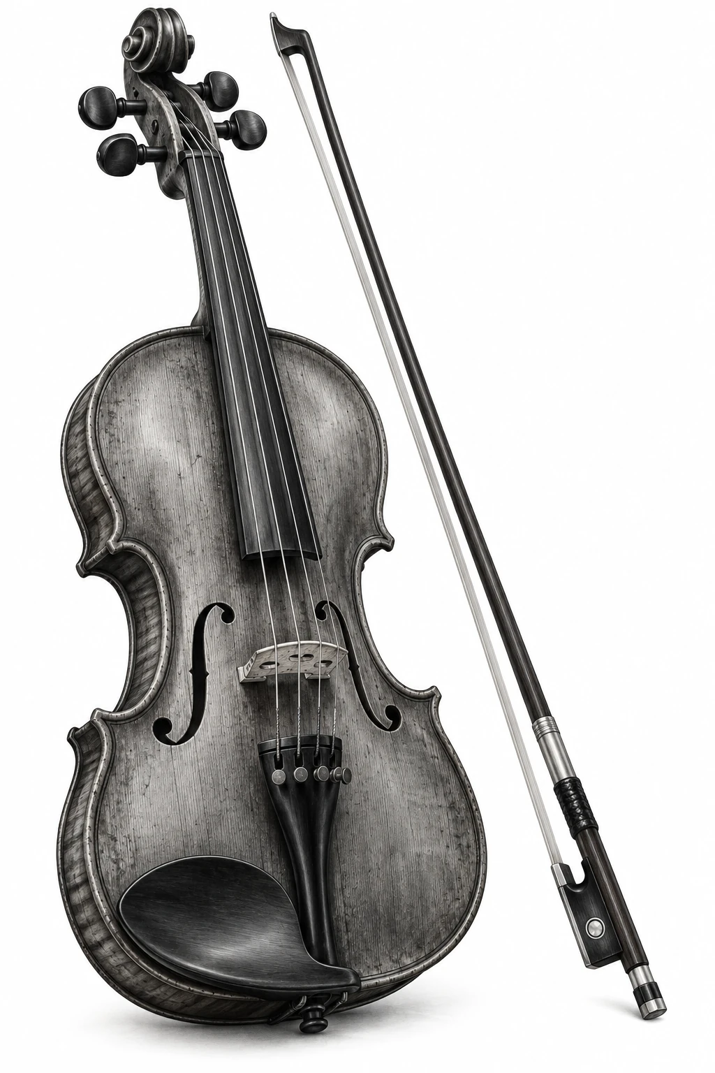 Desenho de tatuagem de Violino antigo com arco detalhado, modelo NR-0979, em preto e cinza.
