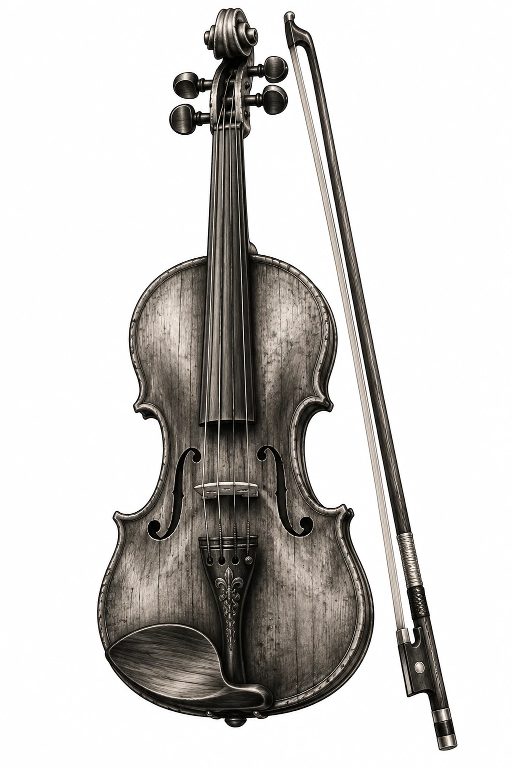 Desenho de tatuagem de Violino antigo com arco ornamentado, modelo NR-0980, em preto e cinza.