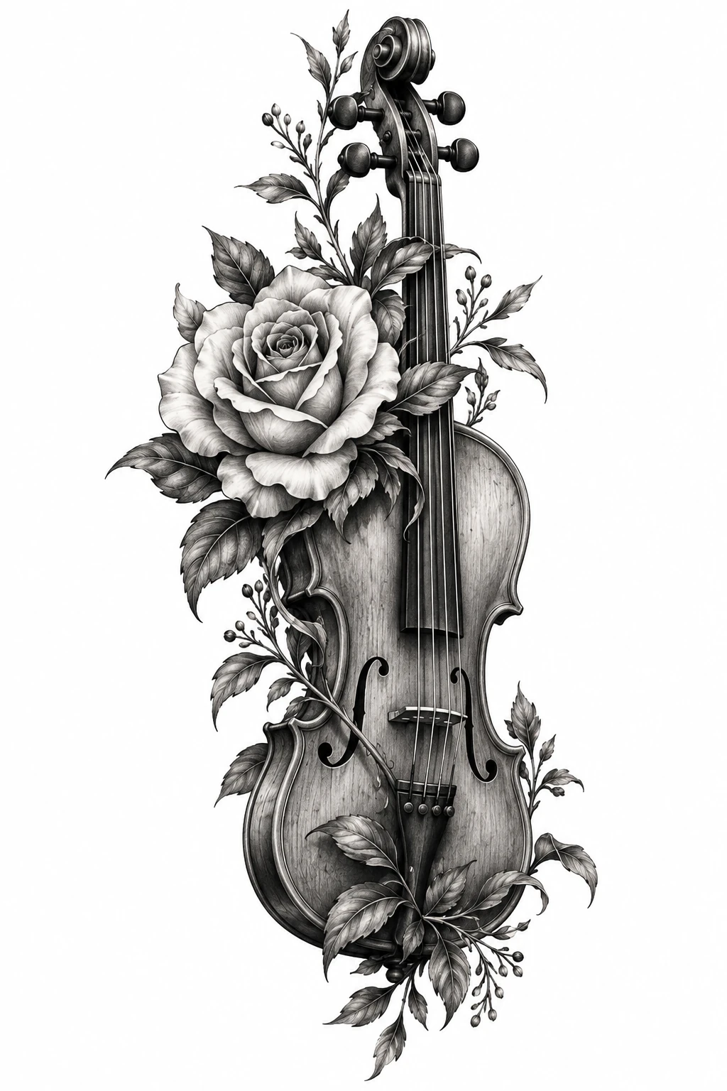 Desenho de tatuagem de Violino antigo com rosa e folhagem, modelo NR-0981, em preto e cinza.