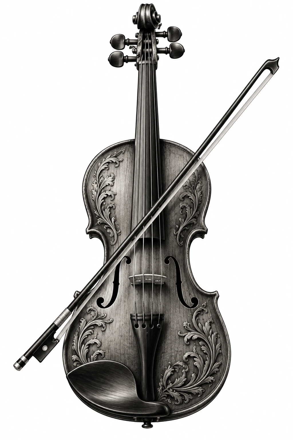 Desenho de tatuagem de Violino clássico com arco e arabescos, modelo NR-0982, em preto e cinza.