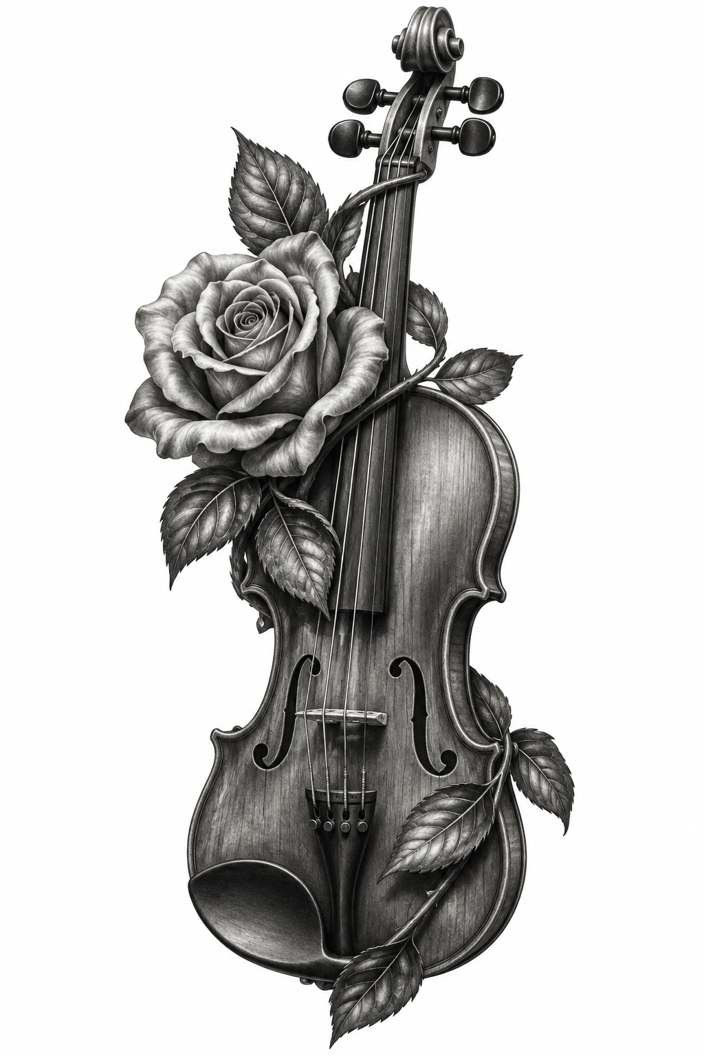 Desenho de tatuagem de Violino e rosa em realismo, modelo NR-0983, em preto e cinza.