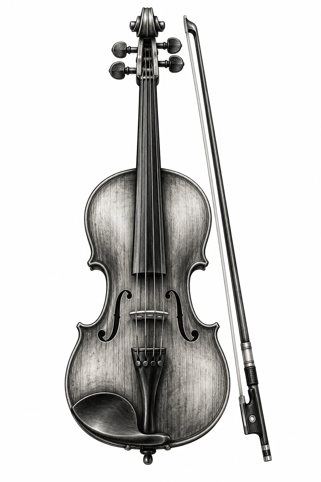 Desenho de tatuagem de Violino realista com arco, modelo NR-0984, em preto e cinza.