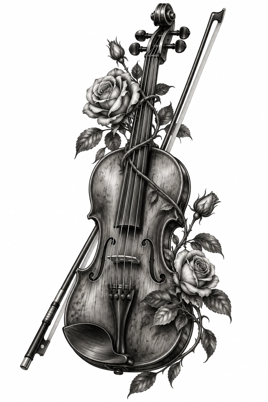 Desenho de tatuagem de Violino vintage e rosas entrelaçadas, modelo NR-0985, em preto e cinza.
