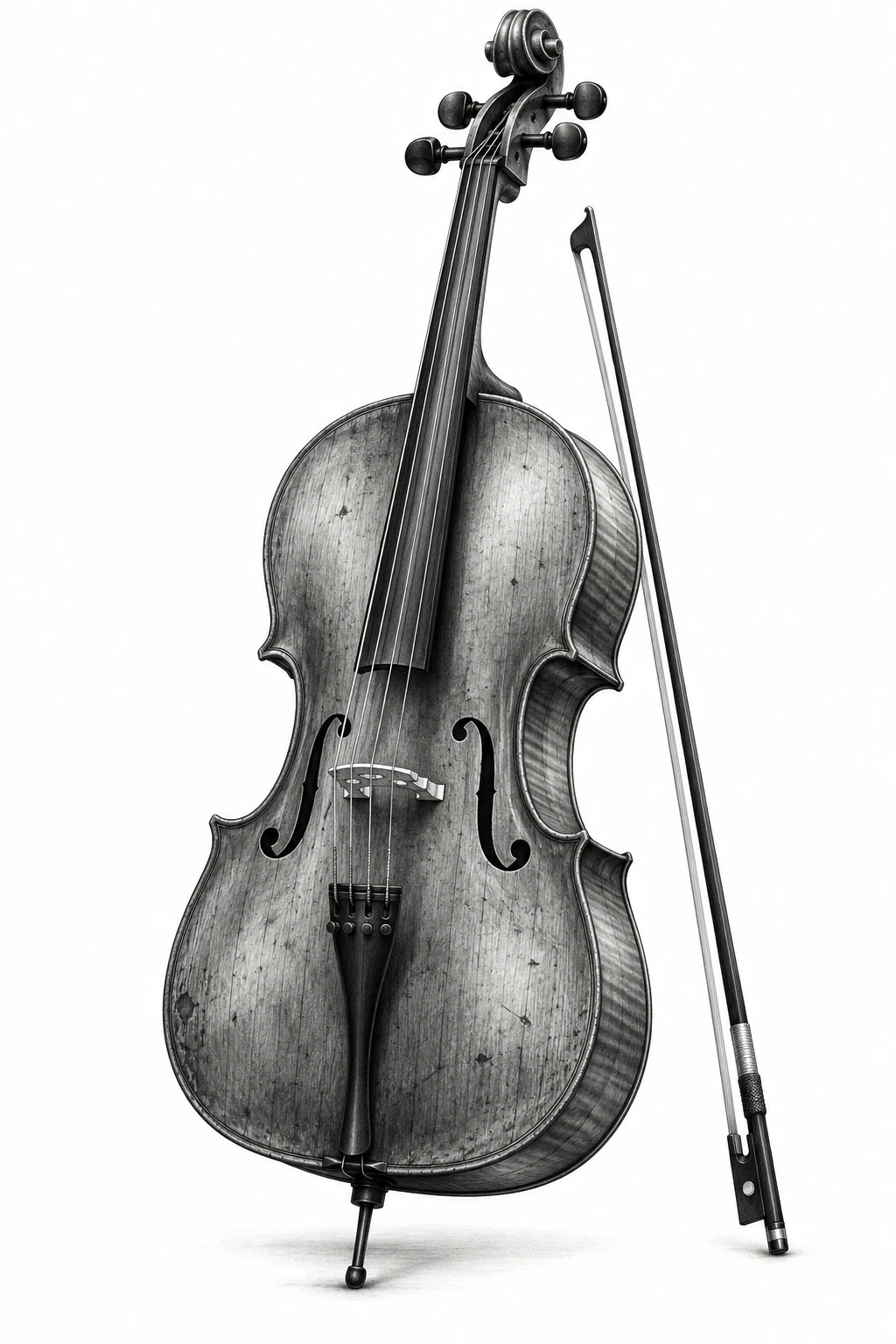 Desenho de tatuagem de Violoncelo clássico com arco, modelo NR-0986, em preto e cinza.