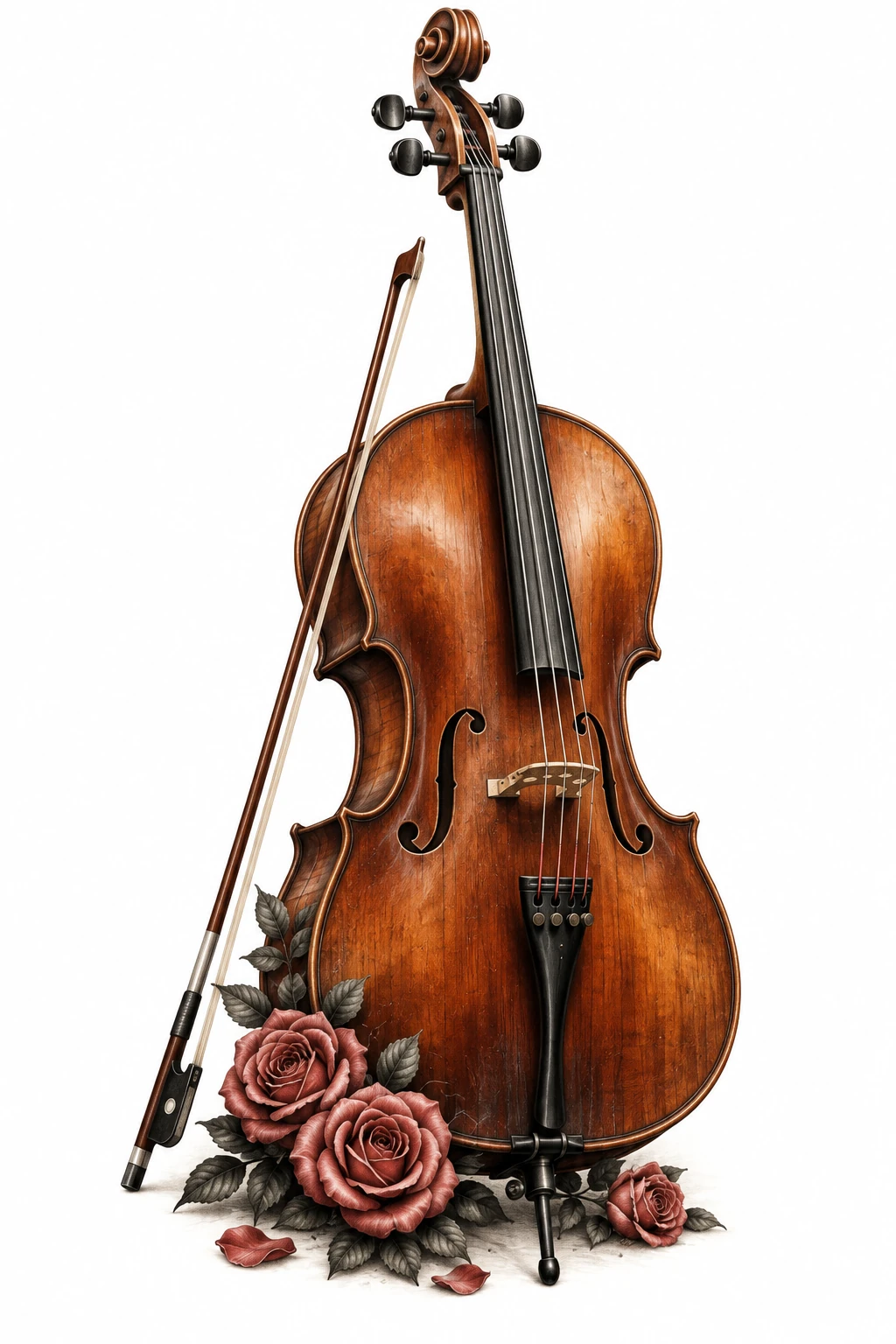 Desenho de tatuagem de Violoncelo, arco e rosas, modelo NR-0987, em preto e cinza.