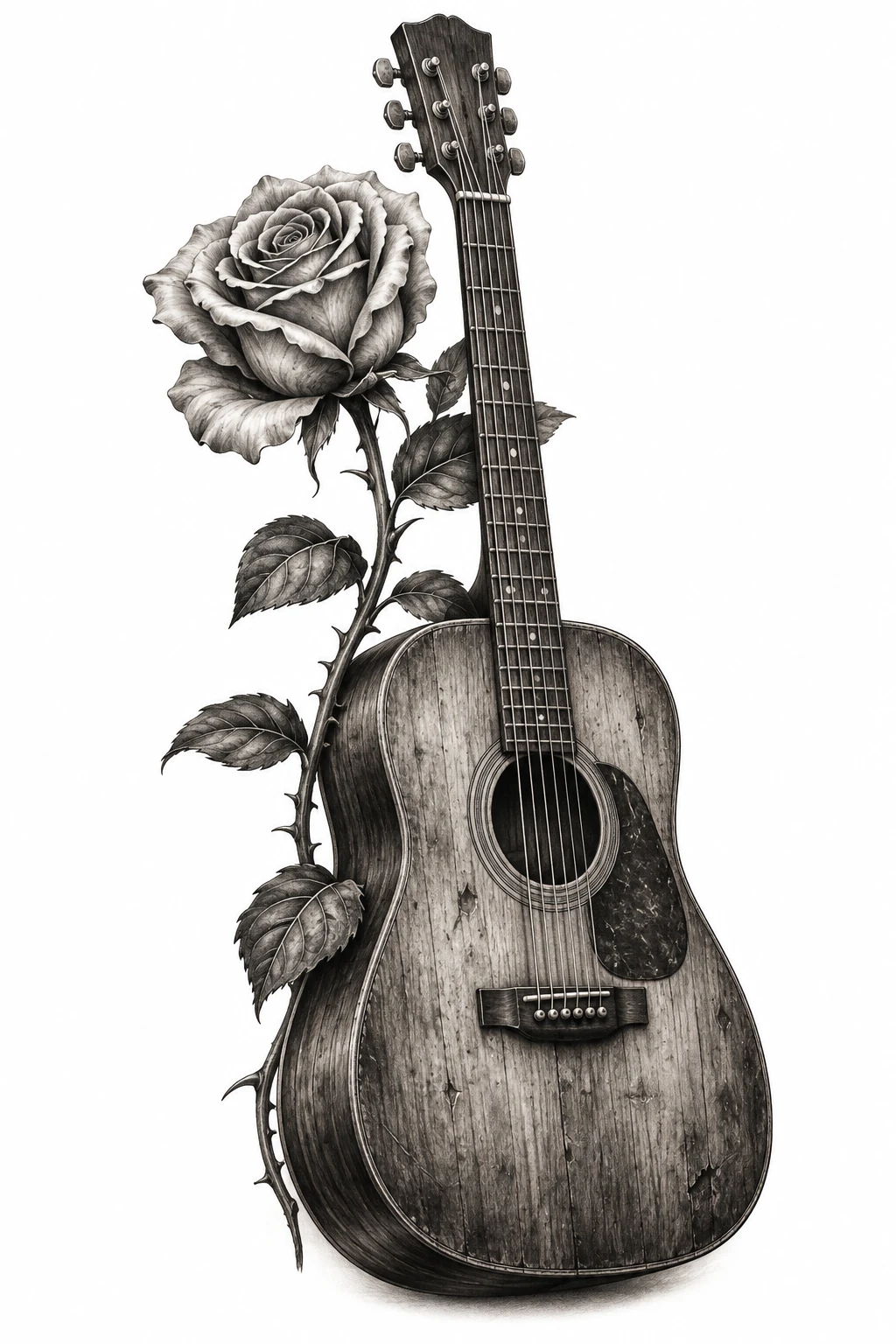 Desenho de tatuagem de Violão antigo e rosa em flor, modelo NR-0988, em preto e cinza.