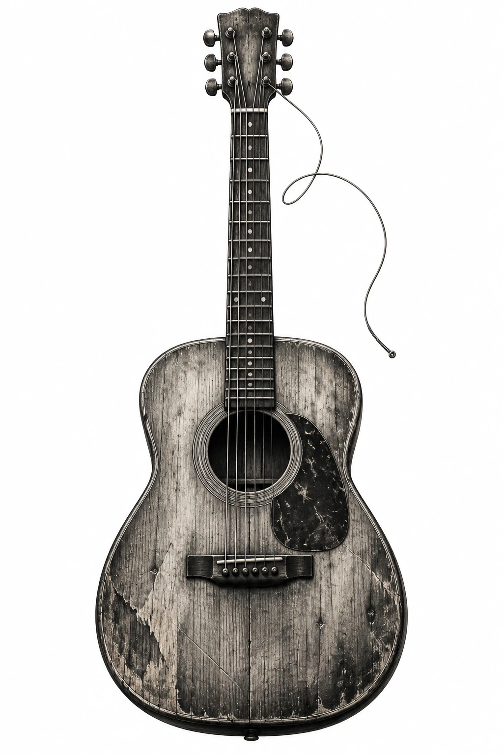 Desenho de tatuagem de Violão envelhecido com corda sinuosa, modelo NR-0989, em preto e cinza.