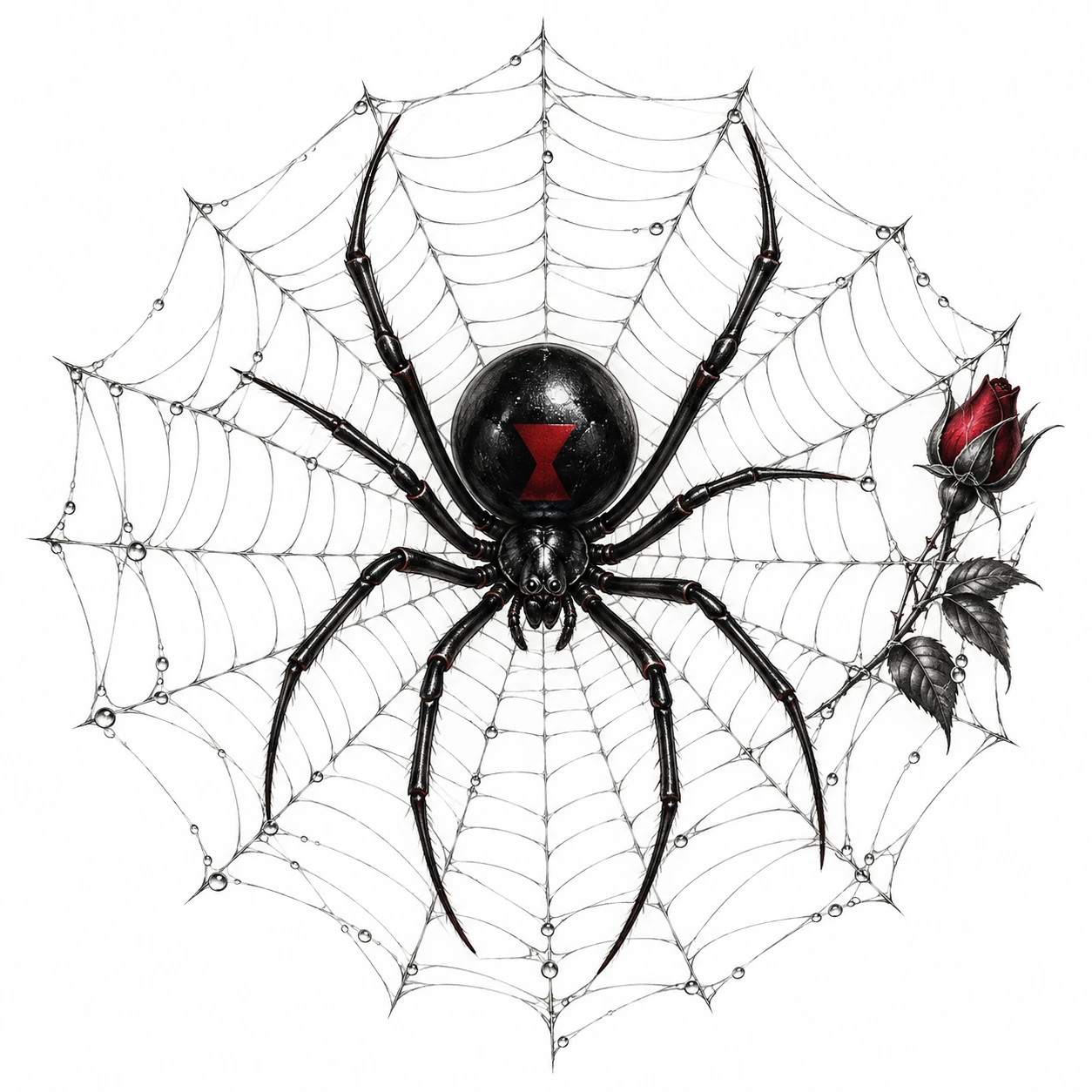 Desenho de tatuagem de Viúva-negra em teia radial com rosa, modelo NR-0990, em preto e cinza.