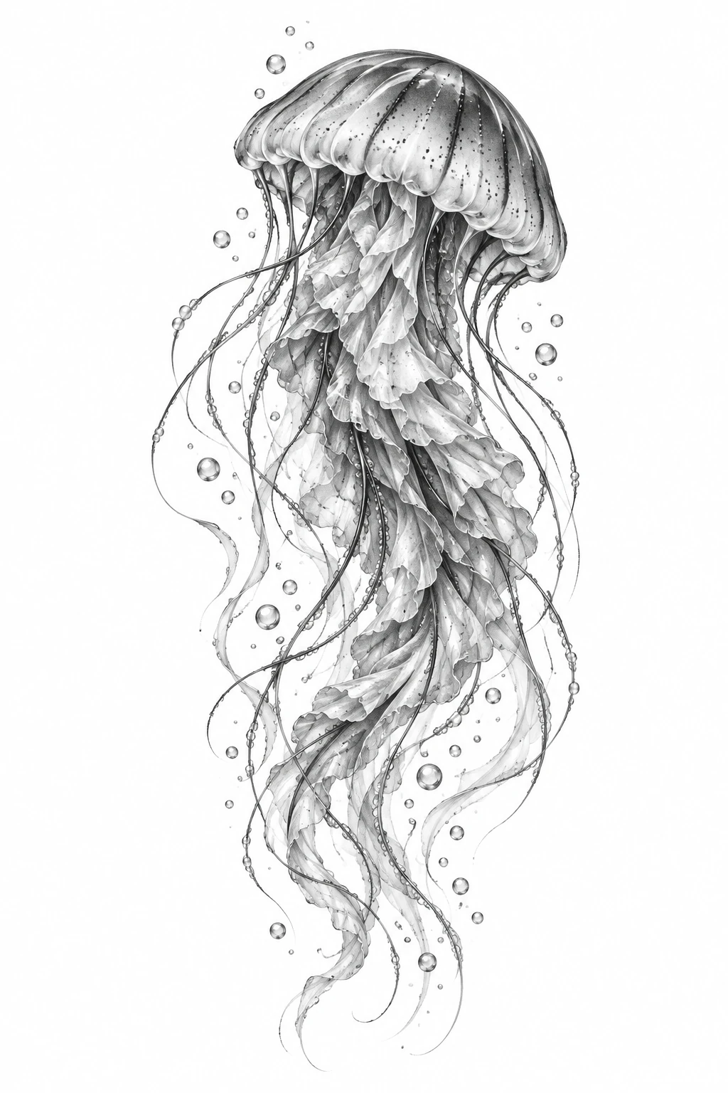 Desenho de tatuagem de Água-viva delicada em preto e cinza, modelo NR-0991, em preto e cinza.