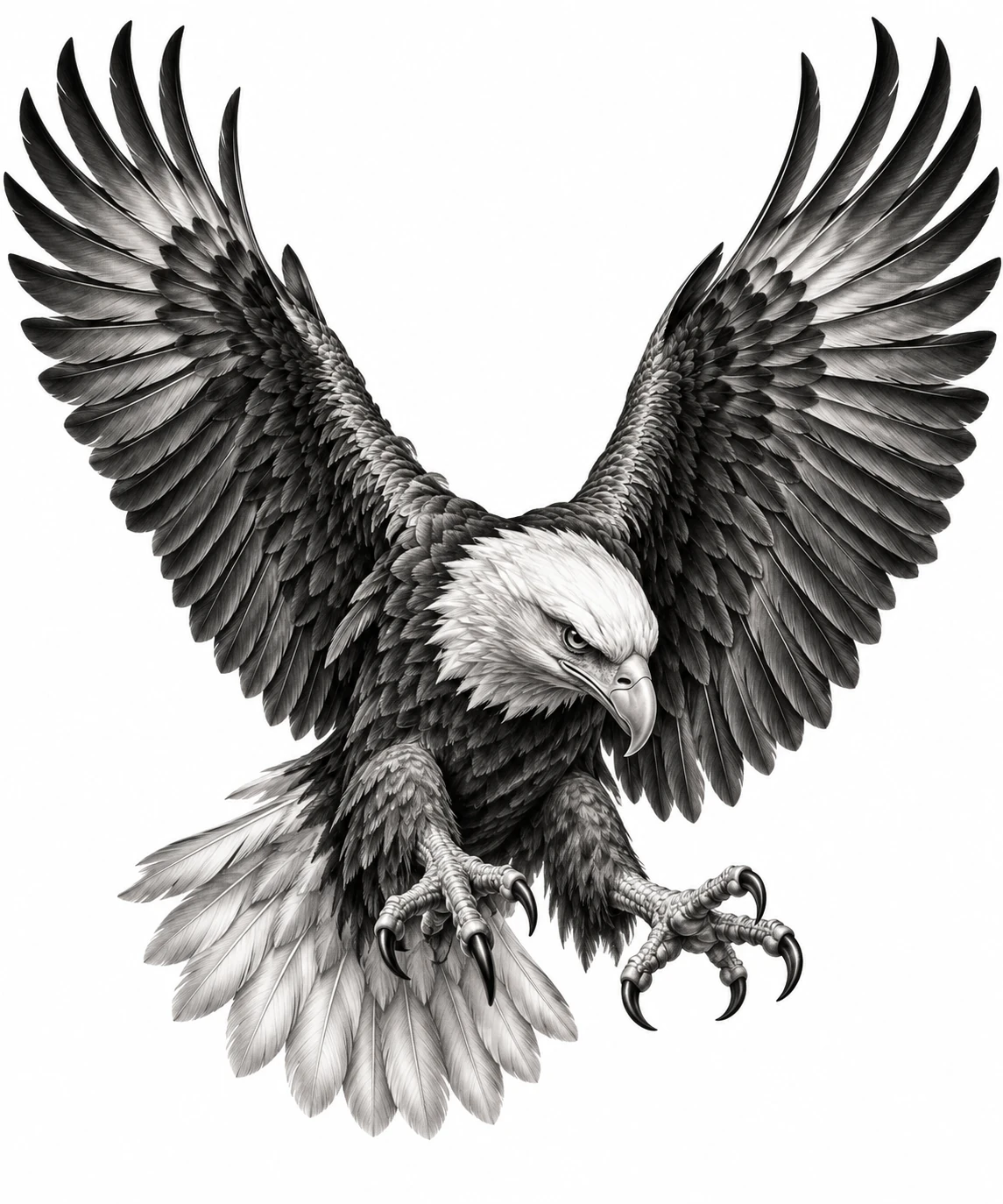 Desenho de tatuagem de Águia em mergulho com asas abertas, modelo NR-0994, em preto e cinza.