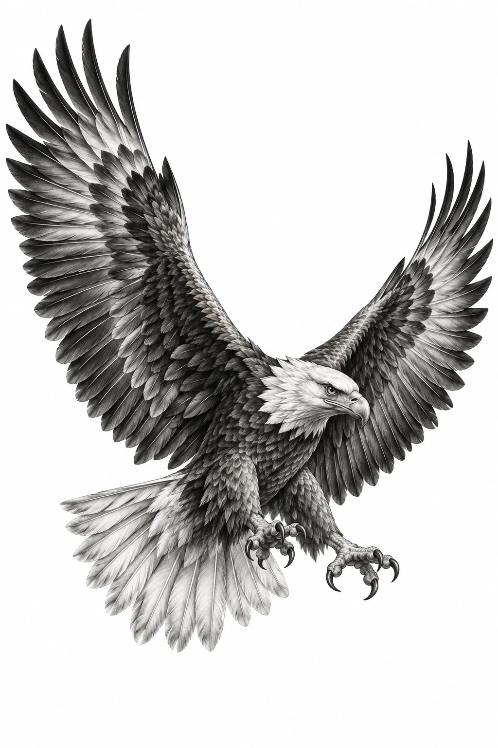 Desenho de tatuagem de Águia majestosa de asas abertas, modelo NR-0995, em preto e cinza.