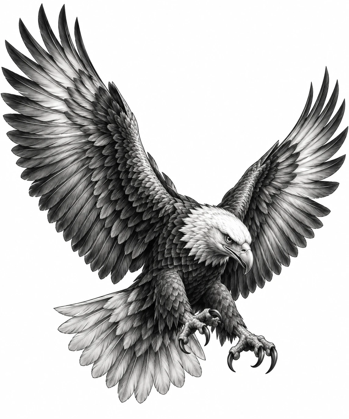 Desenho de tatuagem de Águia realista em voo, modelo NR-0996, em preto e cinza.