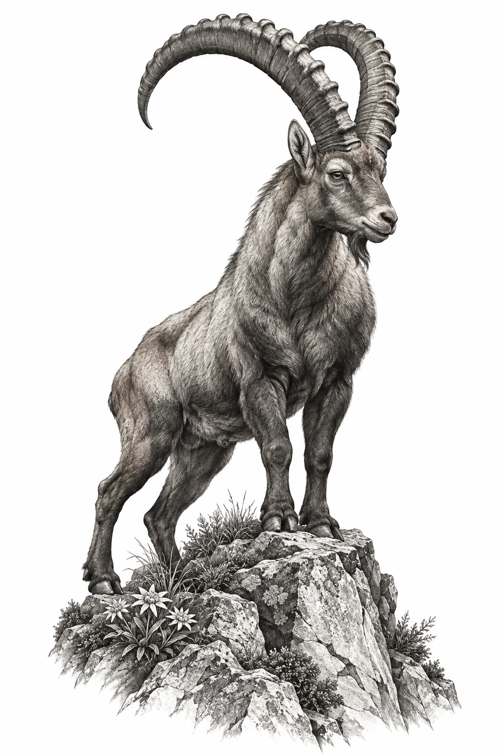 Desenho de tatuagem de Íbex alpino nas alturas, modelo NR-0997, em preto e cinza.