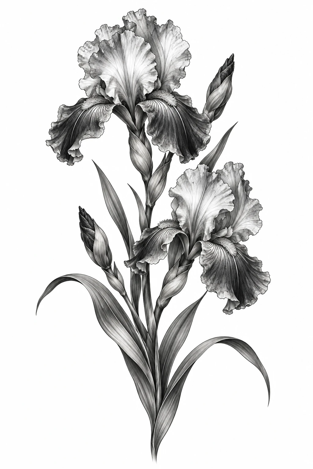 Desenho de tatuagem de Íris elegante em preto e cinza, modelo NR-0999, em preto e cinza.
