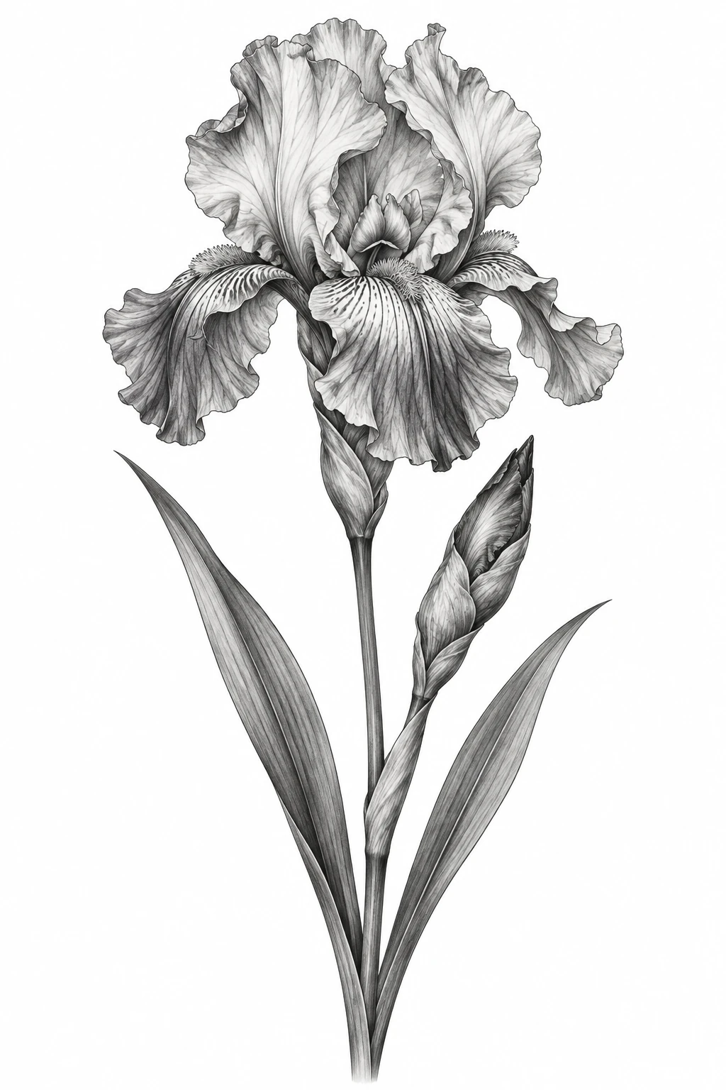Desenho de tatuagem de Íris em flor com botão e folhas, modelo NR-1000, em preto e cinza.